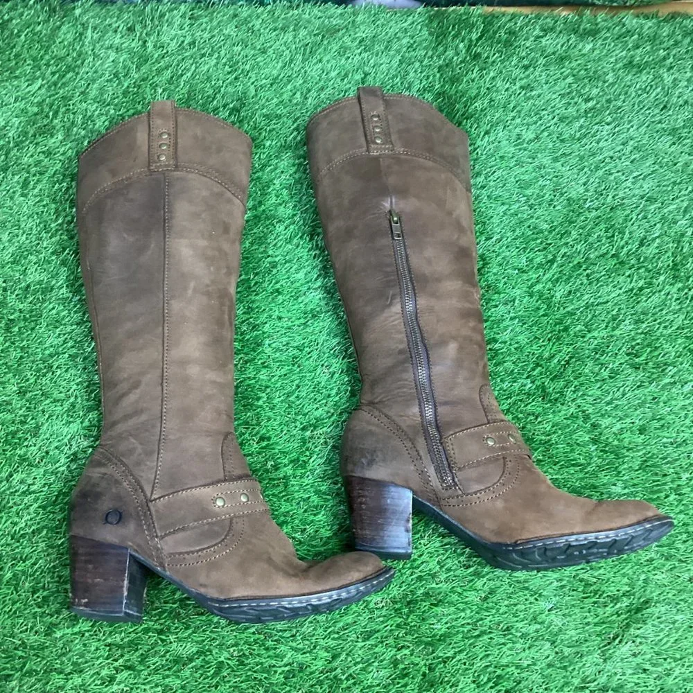 Born Brown Leather Tall Riding Boots Zip Up 6